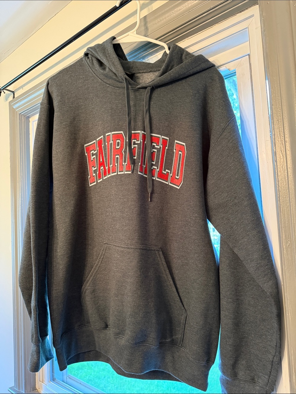 Gildan Dark Gray Crewneck Sweatshirt with Red Fairfield Lettering